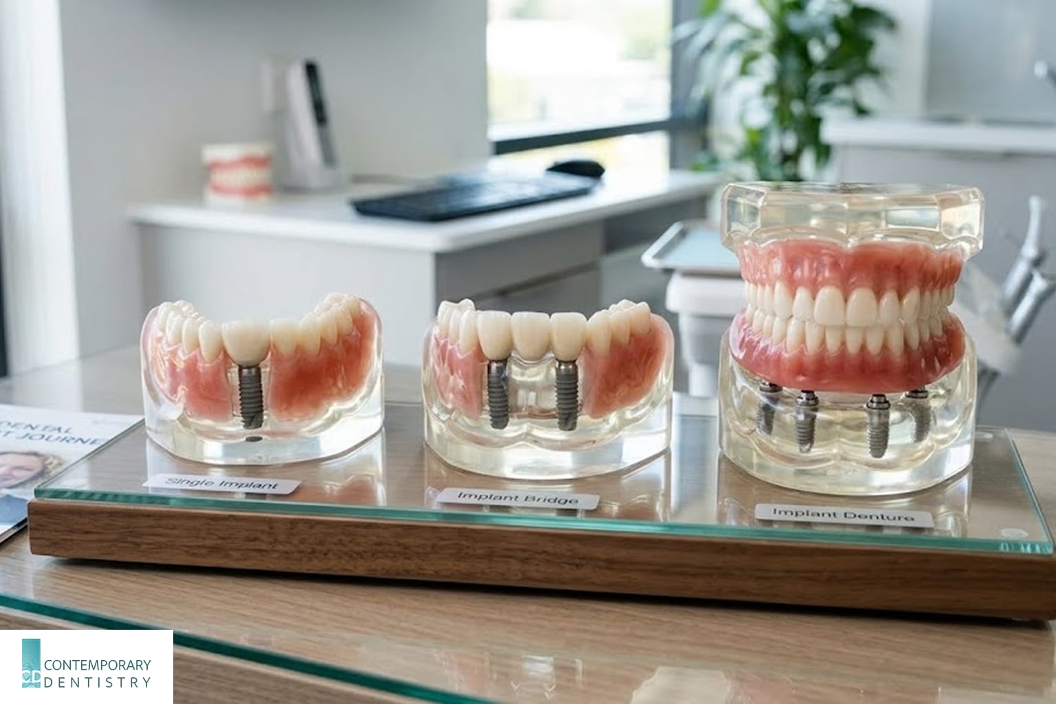 dental-implant-options-model-display Dental implant models showing single implant, implant bridge, and implant-supported denture displayed on a desk in a dental office.