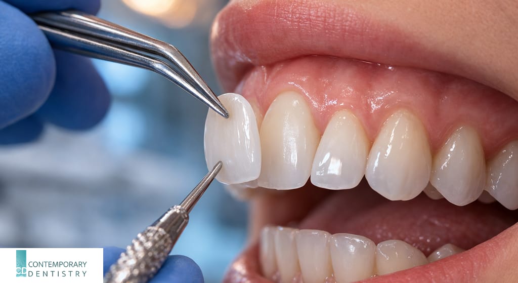dental-veneer-placement-closeup Dentist placing a porcelain veneer on a patient’s front tooth using dental tools during a cosmetic dentistry procedure.